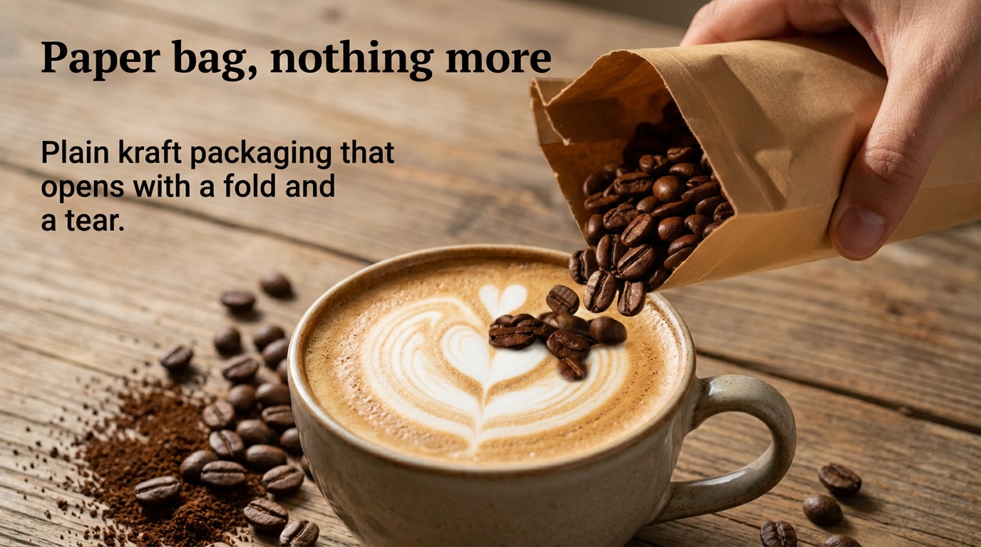 Kraft bag of coffee beans pouring beside a latte with heart art, headline "Paper bag, nothing more"