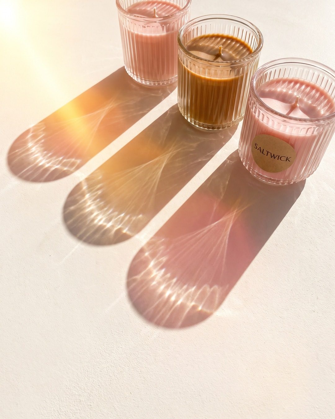 Three ribbed glass candles in pink and caramel casting long glowing shadows across a white surface in low sun