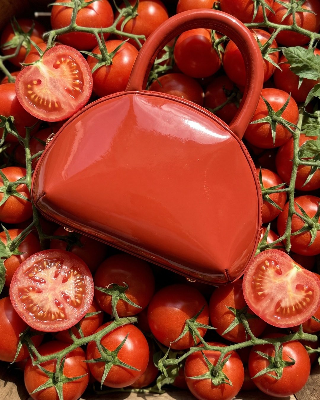 A glossy red dome-shaped mini bag lying on a crate of ripe vine tomatoes, some cut in half