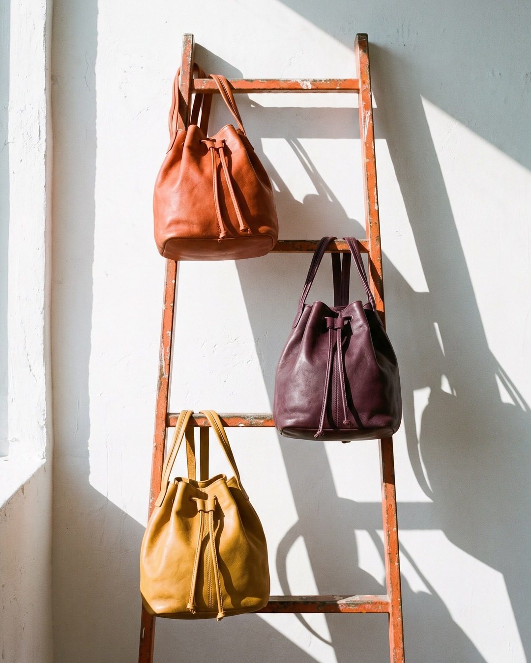 Three leather bucket bags in orange, plum and mustard hanging on an orange ladder against a sunlit white wall