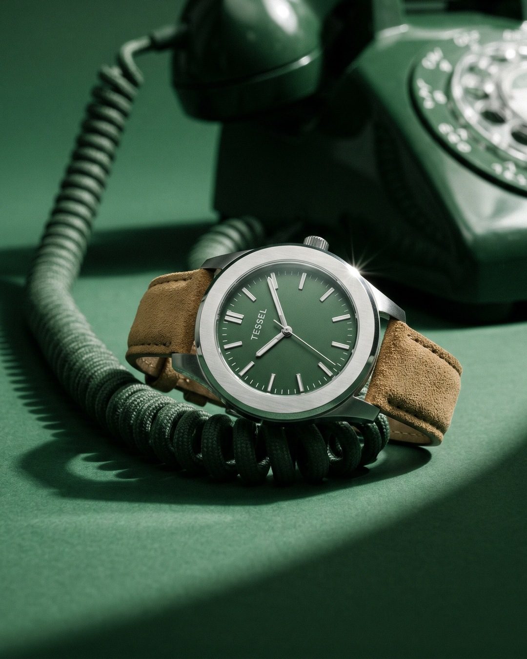 A steel watch with a green dial on a tan suede strap, coiled in the cord of a green rotary phone on a green backdrop