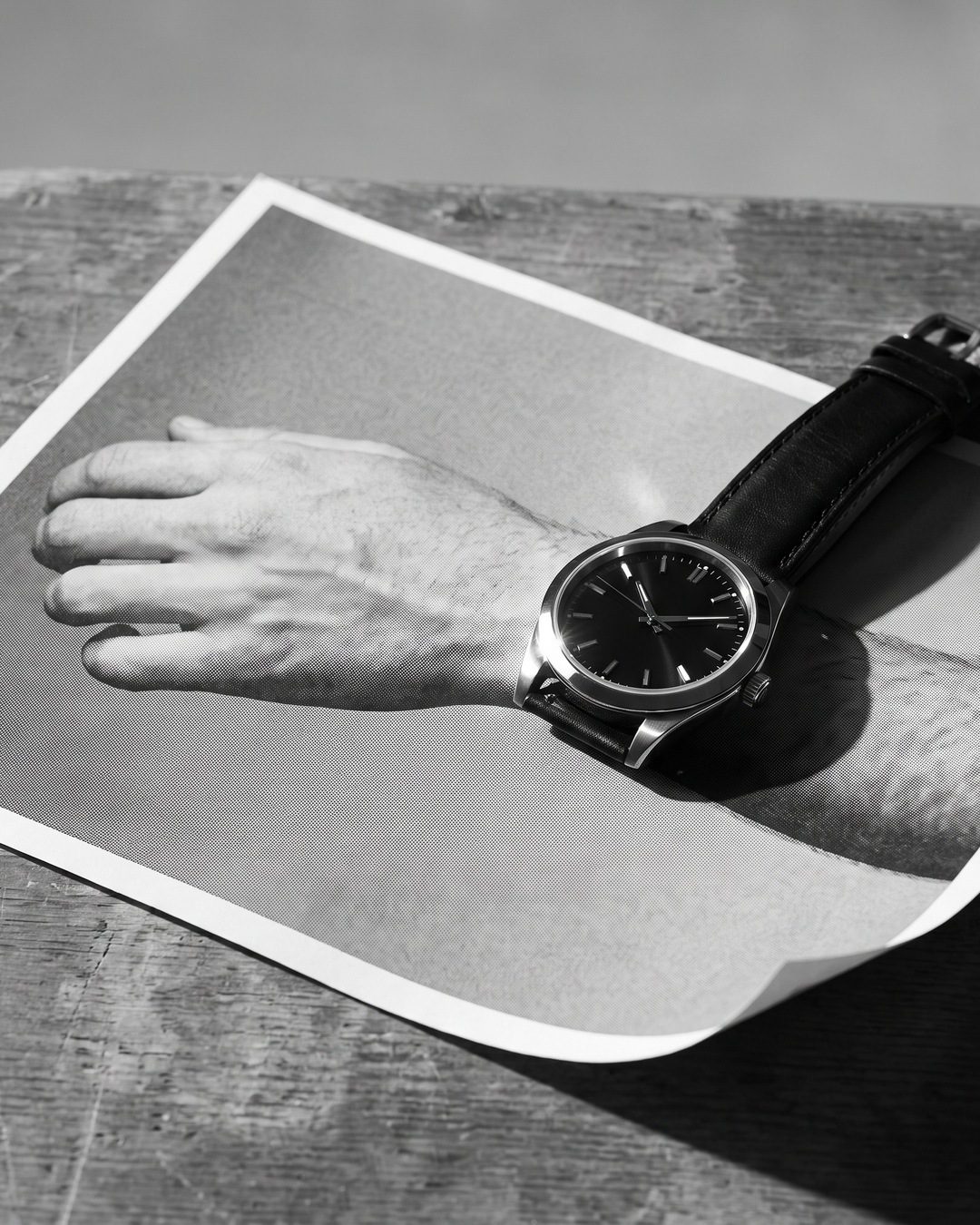 A real steel watch with a black dial laid across a black and white printed photo of a forearm