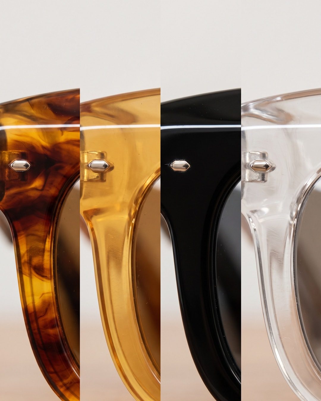 Four close-ups of sunglasses frames side by side as strips: tortoiseshell, honey, black and clear