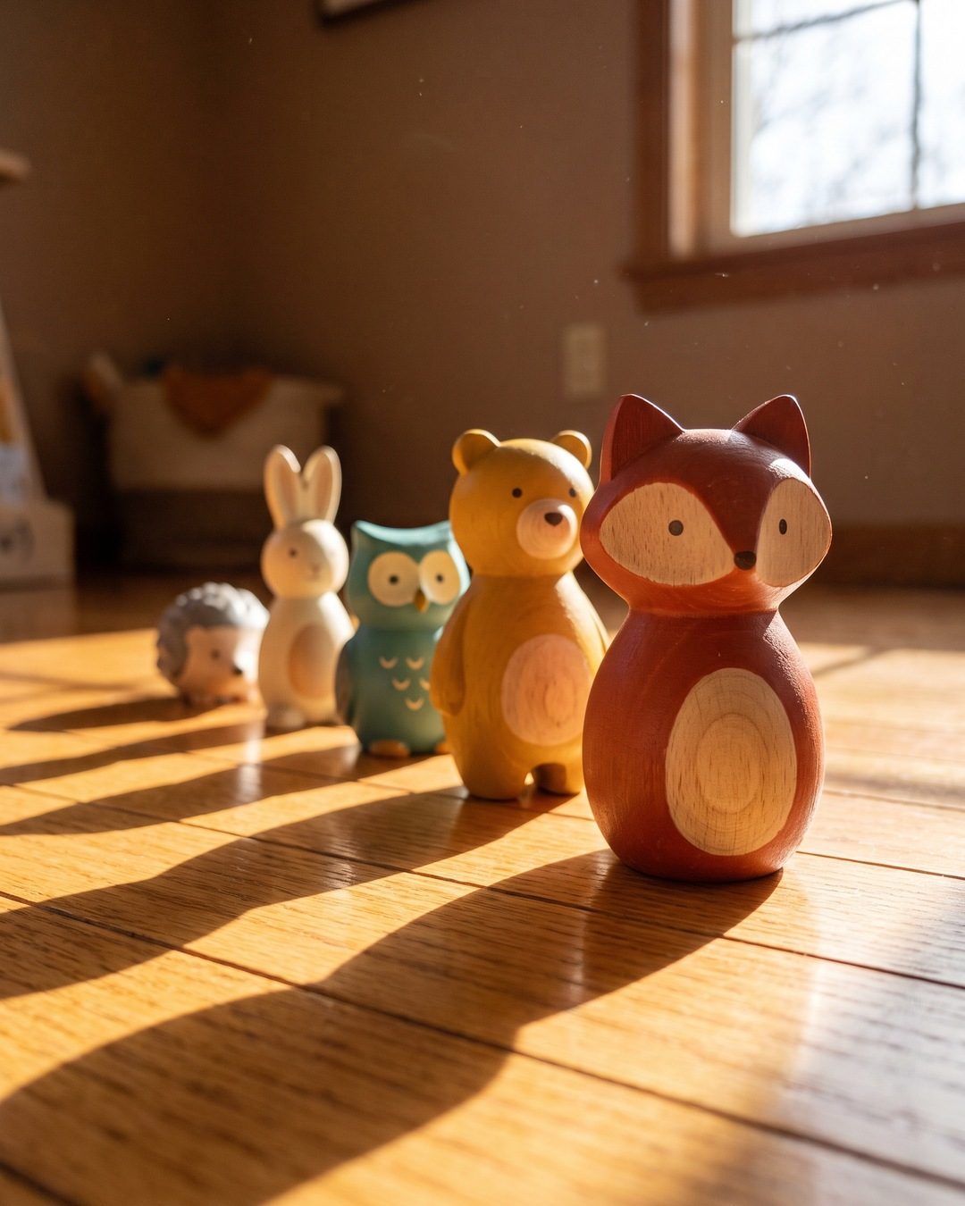 Five painted wooden animals in a line on oak floorboards, casting long shadows in low winter sun