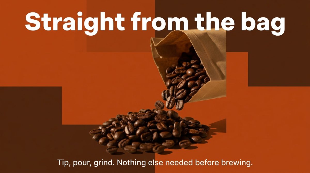 Wide orange and brown colour-block graphic of a bag pouring beans, headline "Straight from the bag"