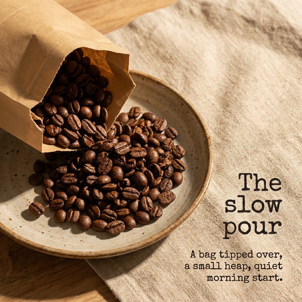 Beans spilling onto a stoneware plate on linen, typewriter headline "The slow pour"