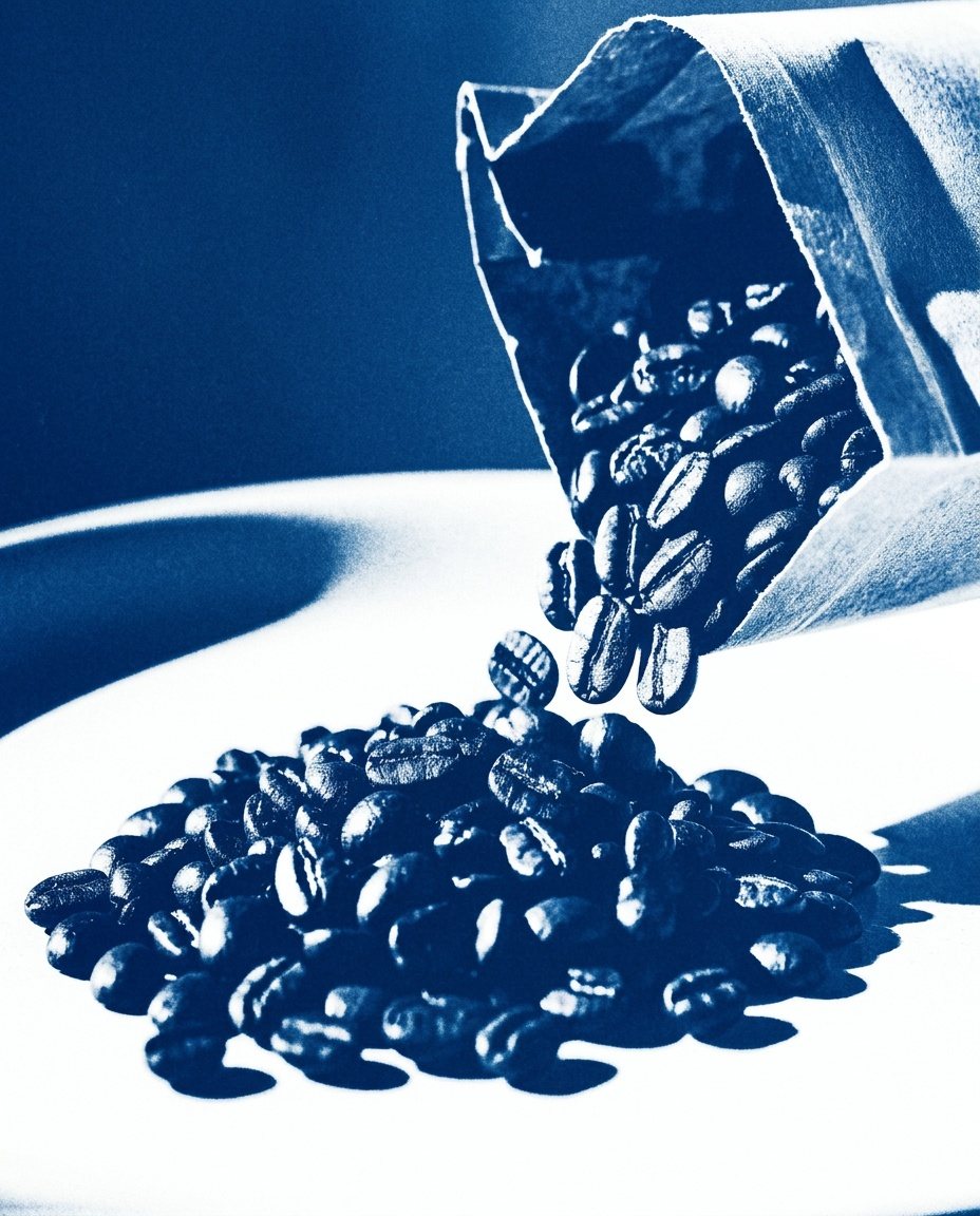 Blue and white cyanotype print of beans pouring from a paper bag, no headline