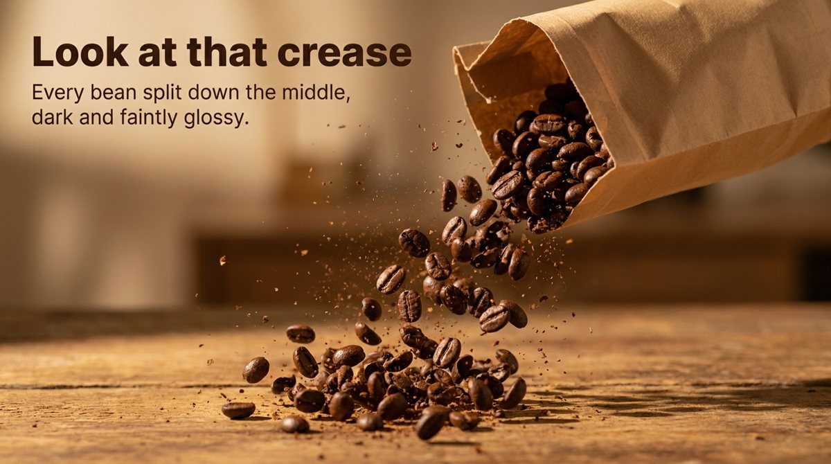 Wide action shot of beans and grounds flying from a dropped paper bag, headline "Look at that crease"