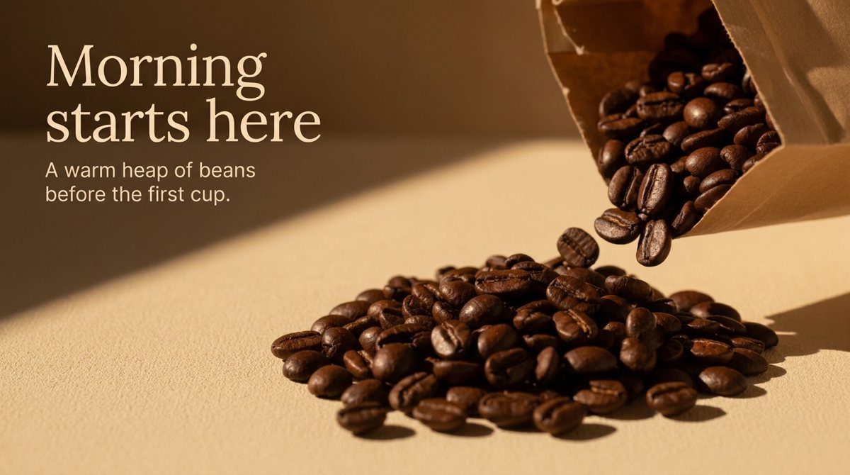 Wide golden-hour shot of beans pouring from a paper bag with long shadows, headline "Morning starts here"