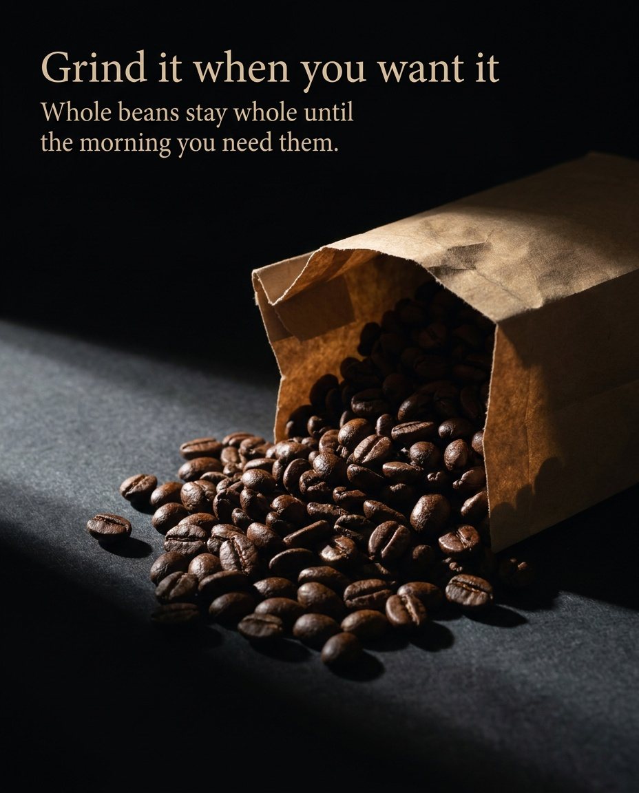 Low-key dark photo of beans spilling from a paper bag in a shaft of light, headline "Grind it when you want it"