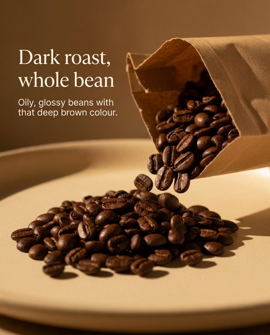 Beans caught mid-pour from a paper bag onto a cream plate, serif headline "Dark roast, whole bean"