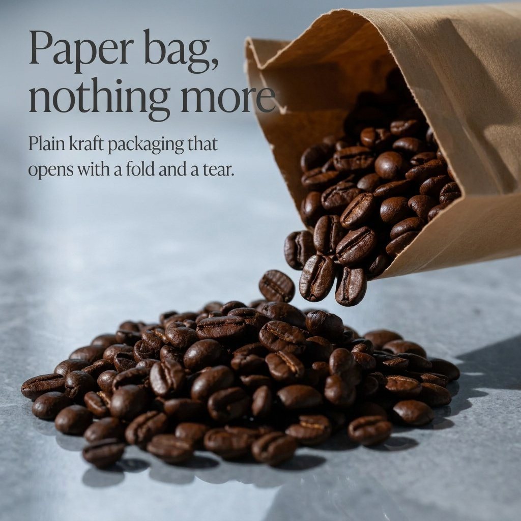 Beans pouring from a kraft bag onto grey stone, serif headline "Paper bag, nothing more"