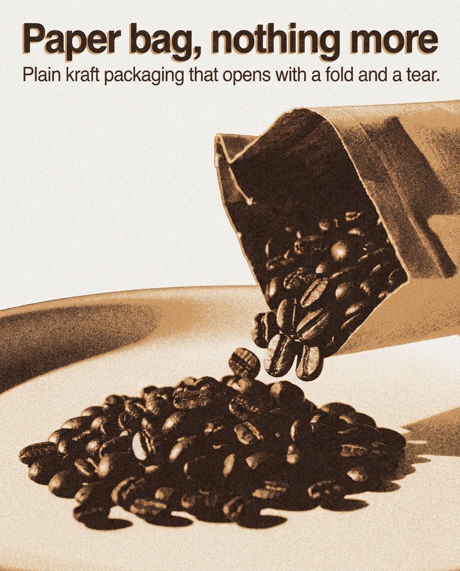Two-ink risograph print of beans pouring from a paper bag, headline "Paper bag, nothing more"