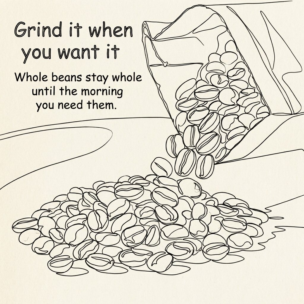 Single-line ink drawing of a bag pouring beans, hand-lettered headline "Grind it when you want it"