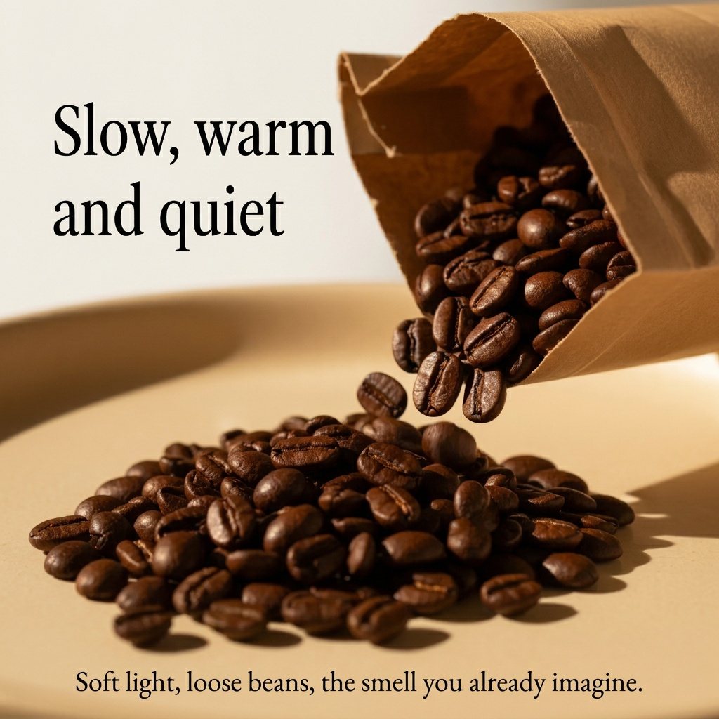 Beans pouring from a paper bag in soft window light, serif headline "Slow, warm and quiet"