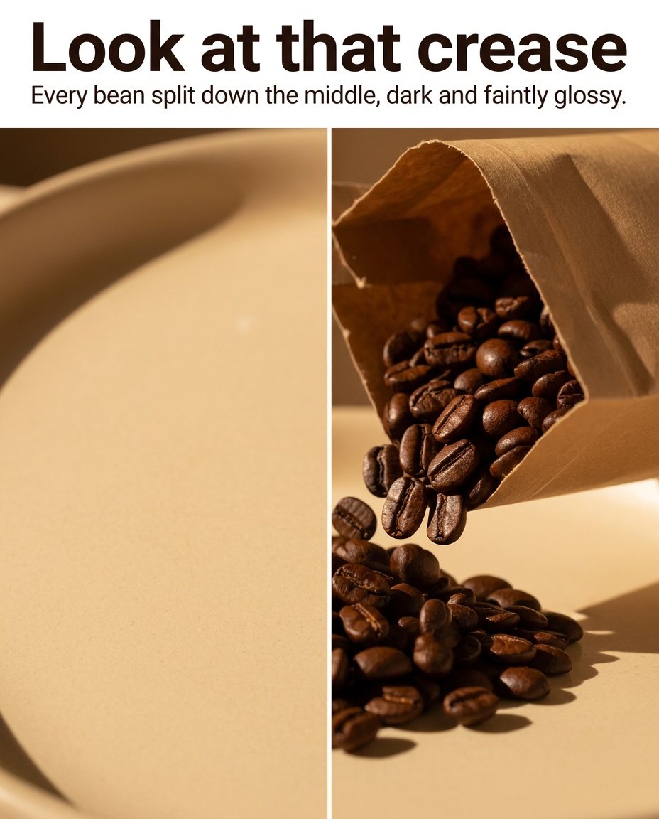 Split panel post: an empty plate beside beans pouring from a bag, headline "Look at that crease"
