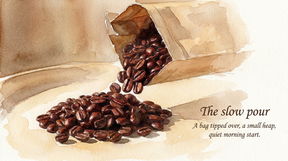 Wide storybook watercolour of beans pouring from a paper bag, script headline "The slow pour"