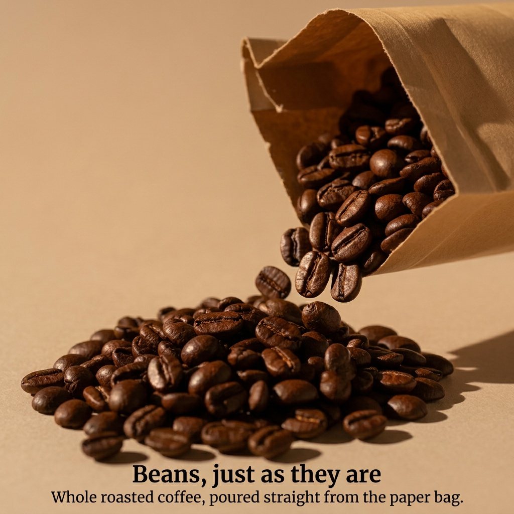 Studio shot on a seamless tan backdrop of beans pouring from a paper bag, headline "Beans, just as they are"