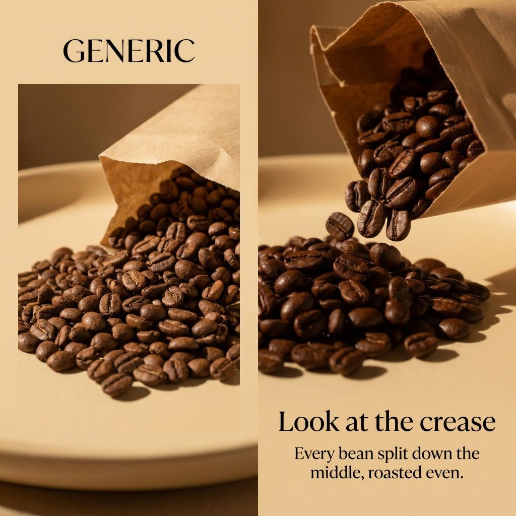 Side-by-side post comparing a generic bag of beans with the brand's bag, headline "Look at the crease"