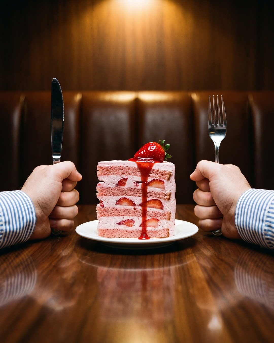 Two hands grip a knife and fork upright either side of a tall slice of strawberry layer cake