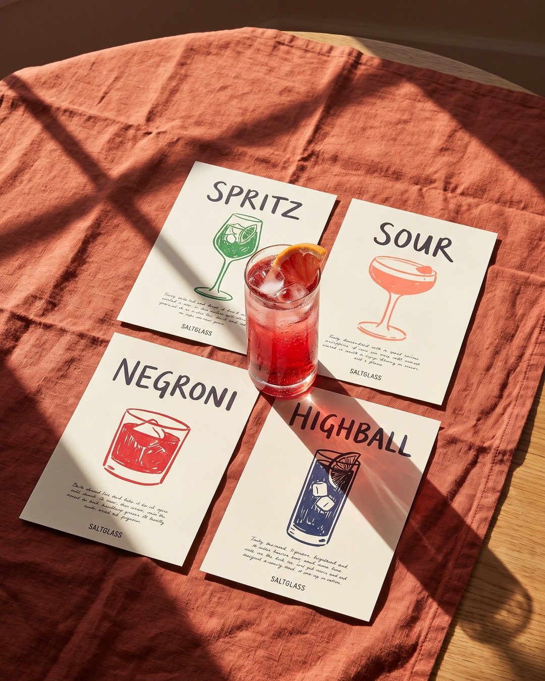 Four illustrated Saltglass recipe cards for a spritz, sour, negroni and highball, a red drink on top