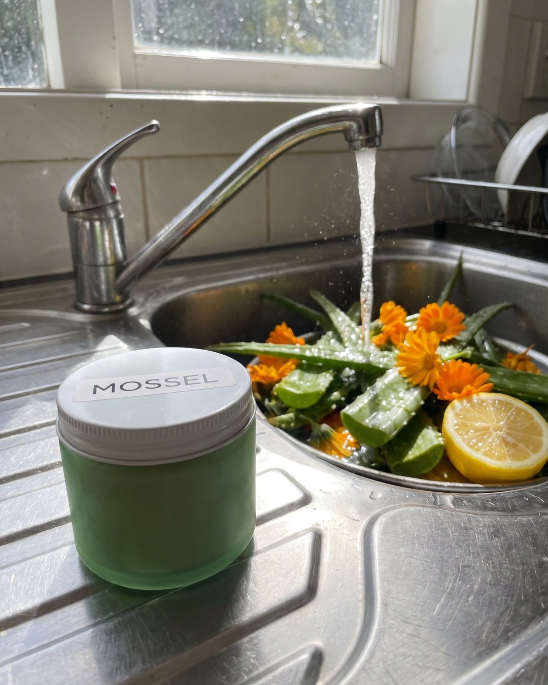 A green Mossel balm jar on a steel draining board while aloe, calendula and lemon are rinsed under a tap
