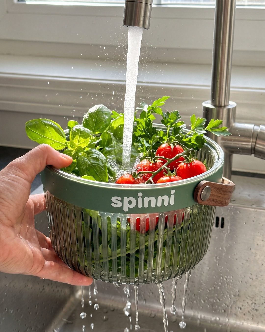 A green spinni salad spinner basket of herbs and cherry tomatoes under a running kitchen tap