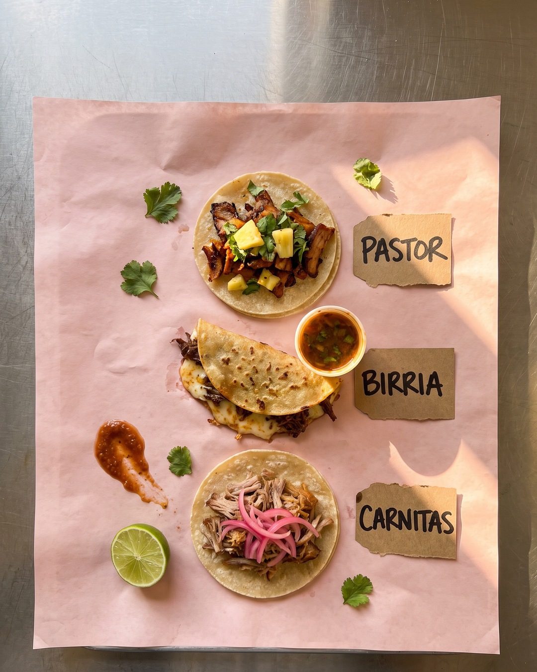 Three tacos on pink butcher paper, each with a handwritten kraft tag: pastor, birria, carnitas