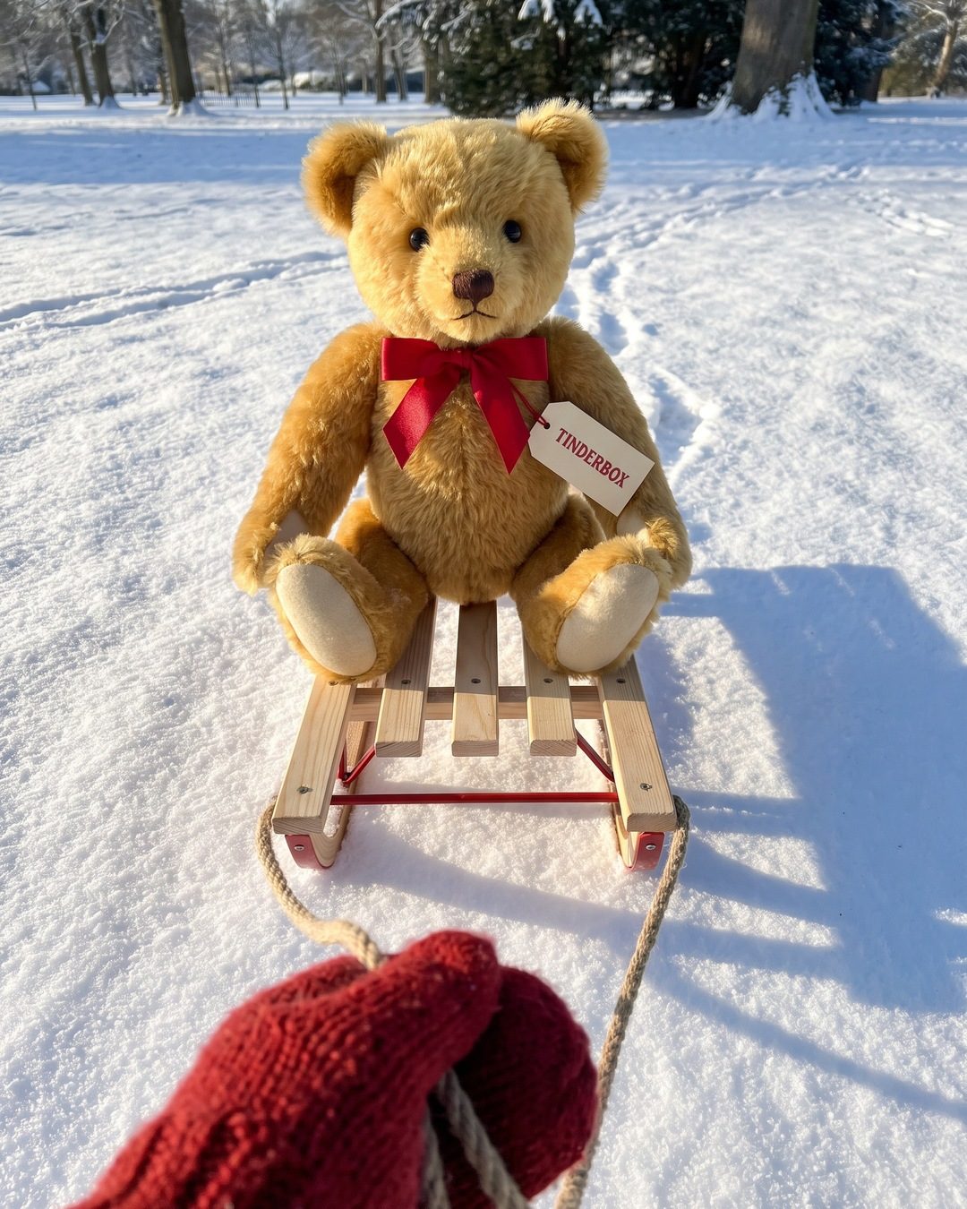 A mittened hand pulling a wooden sled through sunny snow with a teddy bear in a red bow on it