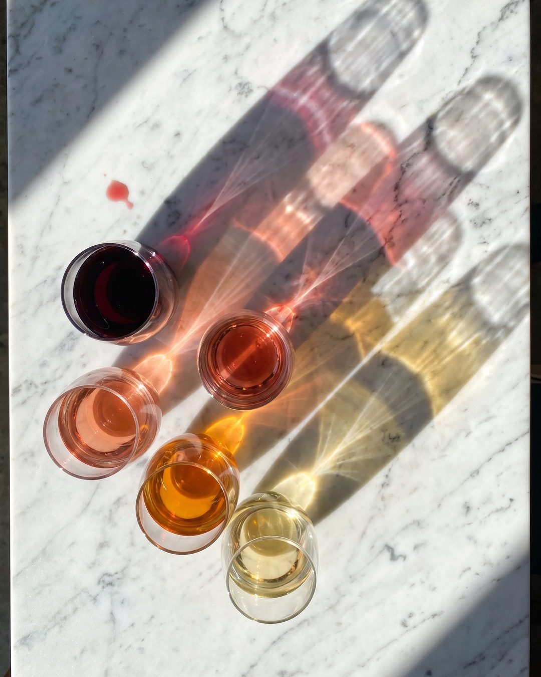 Five small glasses of white, orange, rosé and red wine on white marble, throwing long coloured shadows